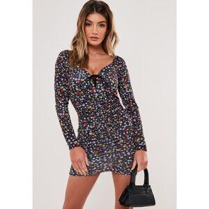 ✨ 3/$20 Black floral slinky lace up ruched mini dress